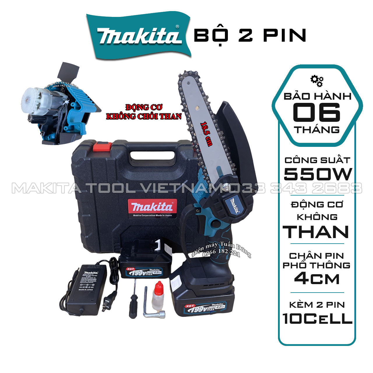 Máy cưa xích chạy pin Makita 199V Động cơ KHÔNG CHỔI THAN MẠNH MẼ BỀN BỈ