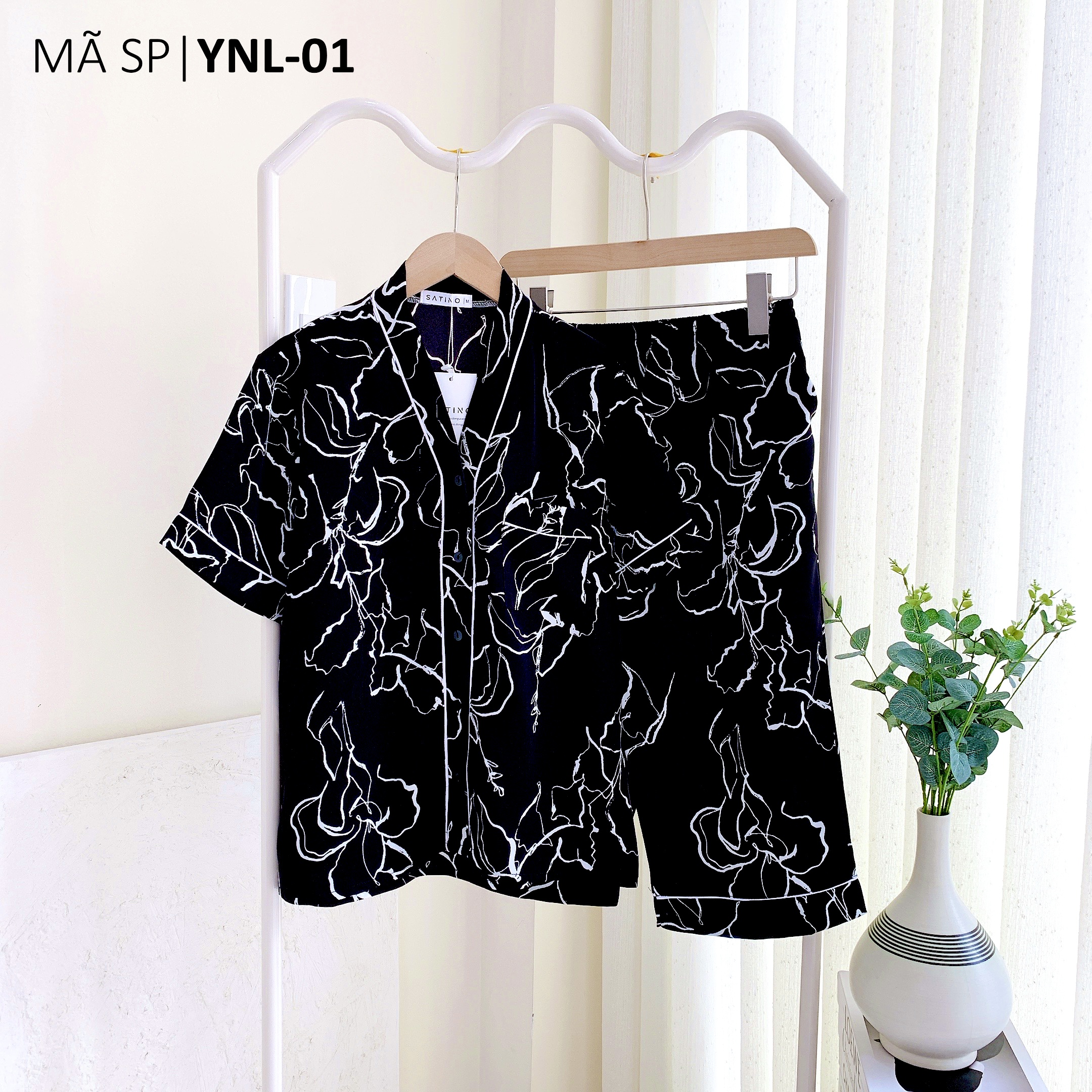 Đồ bộ mặc nhà, đồ ngủ, pijama nữ lụa tnql satino cổ y - rene black