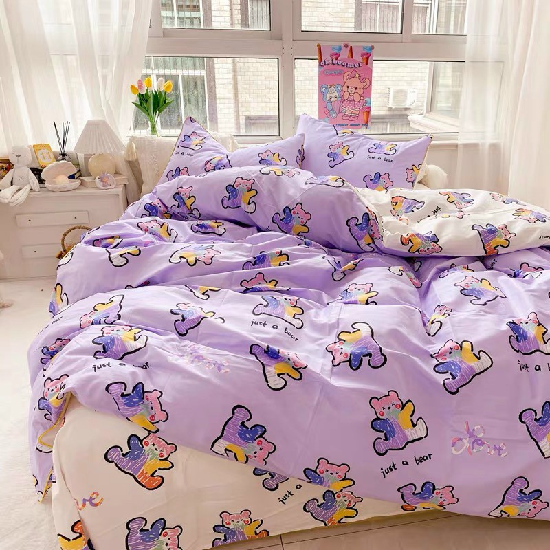 Bộ chăn ga gối gấu tím cotton poly bộ sản phẩm chăn ga gối nệm nhiều kích thước dùng 4 mùa gồm 1 ga, 1 vỏ chăn, 02 vỏ gối