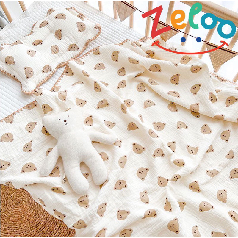 Chăn xô, mền muslin hạt đậu manny/ zeloo hoạt tiết hàn quốc cho bé 100x110cm