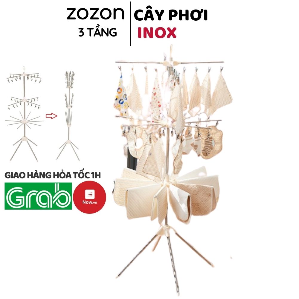 Cây treo quần áo inox giàn phơi đồ 3 tầng 56 móc kẹp treo quần áo cho bé và trẻ sơ sinh giàn phơi thông minh gấp gọn tiện lợi cây phơi inox đặt ở ban công chung cư trong nhà nhà tắm nhanh khô 4 chân vững chắc cây giàn phơi Zozon