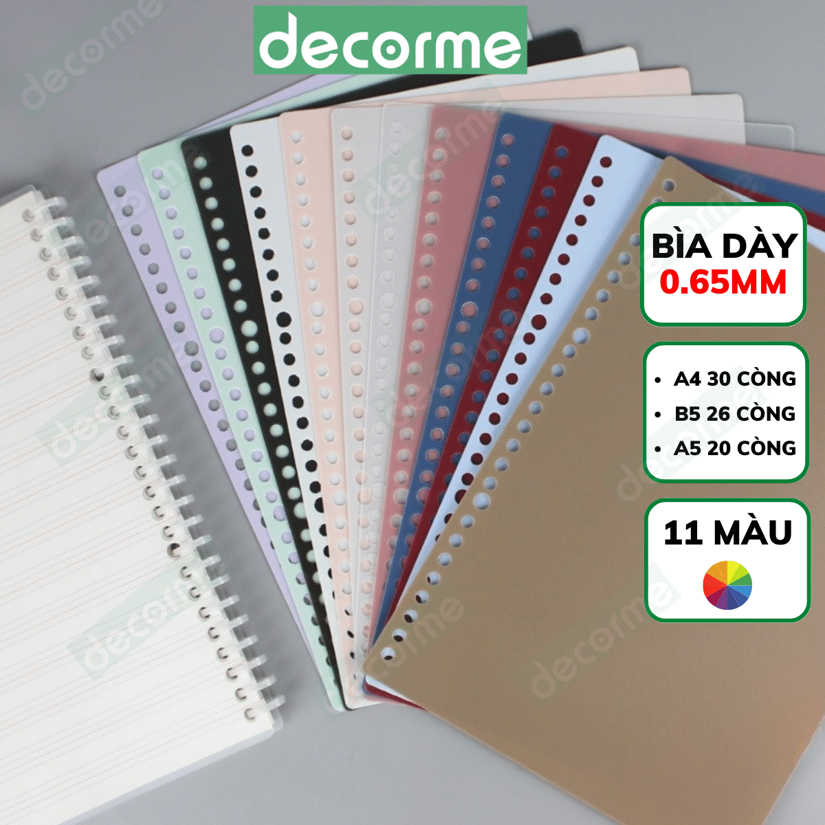 Bìa còng B5 A5 A4 DecorMe Bìa Nhựa đã đục lỗ dày 0.65mm làm sổ caro bullet journal