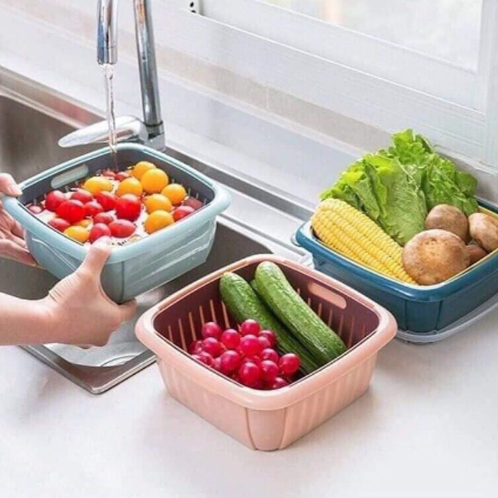 Rổ Rửa Trái Cây/Rau Có Nắp Đa Năng Tiện Ích , Rổ Đựng Thực Phẩm Kèm Chậu Nhựa Có Nắp Đậy Tiện Dụng, Rổ Vuông Bằng Nhựa Hai Lớp Ráo Nước Kèm Nắp Đậy Đa Ứng Dụng Cho Nhà Bếp