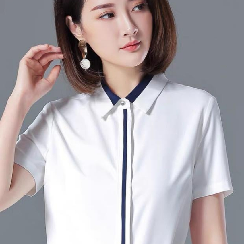 [HCM]áo sơ mi nữ ngắn tay phối viền nút OKINAWA vải kate mềm mịn