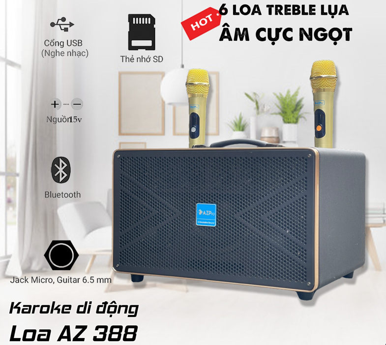 Loa di động AZPRO AZ 388 karaoke CHẤT LƯỢNG CAO thêm 2 Micro không dây kim loại thiết kế mạnh mẽ vỏ 