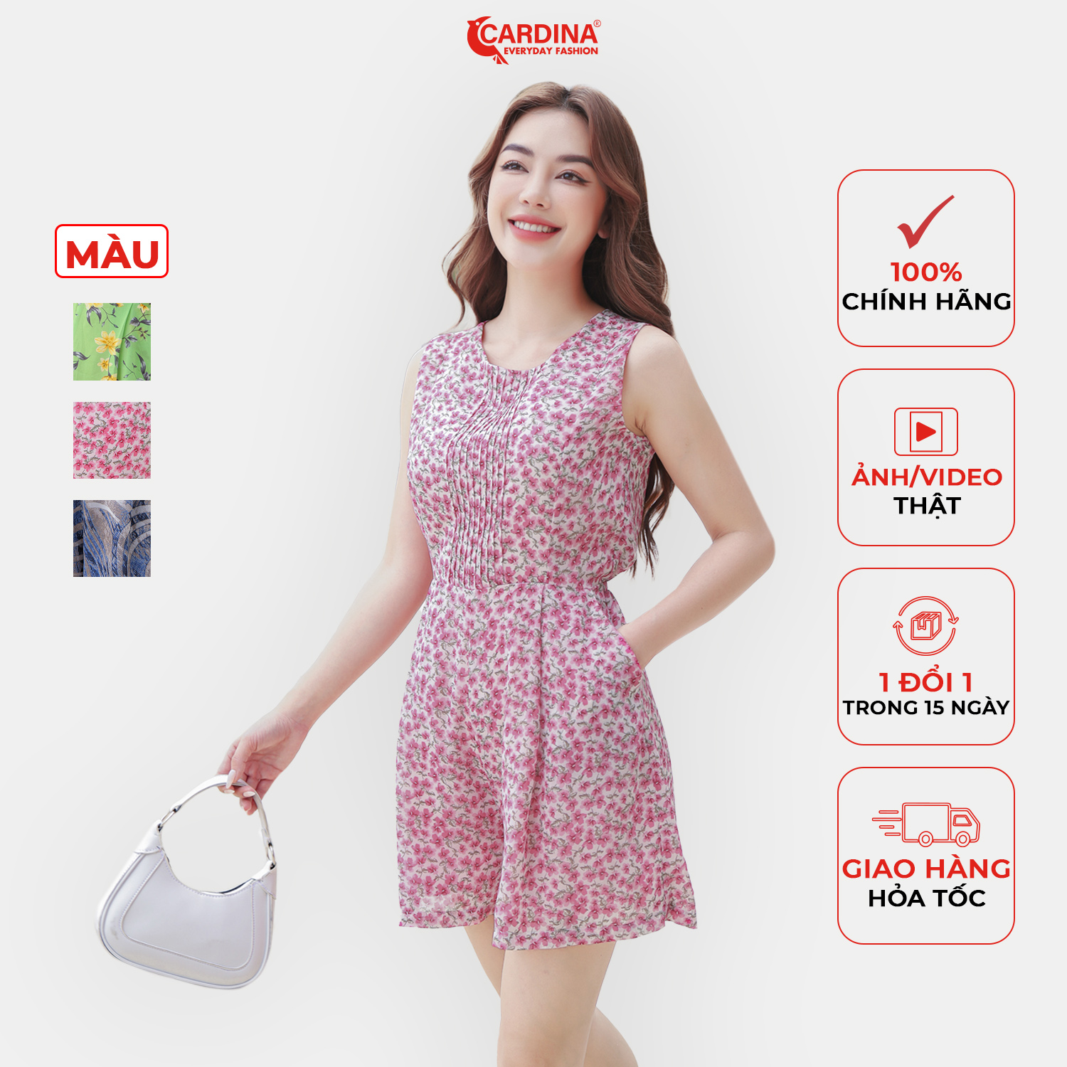 Đồ bộ Nữ CARDINA Chất Chiffon Cao Cấp Jumpsuit Sát Nách Xếp Ly Ngực Trẻ Trung Quyến Rũ 3JC05