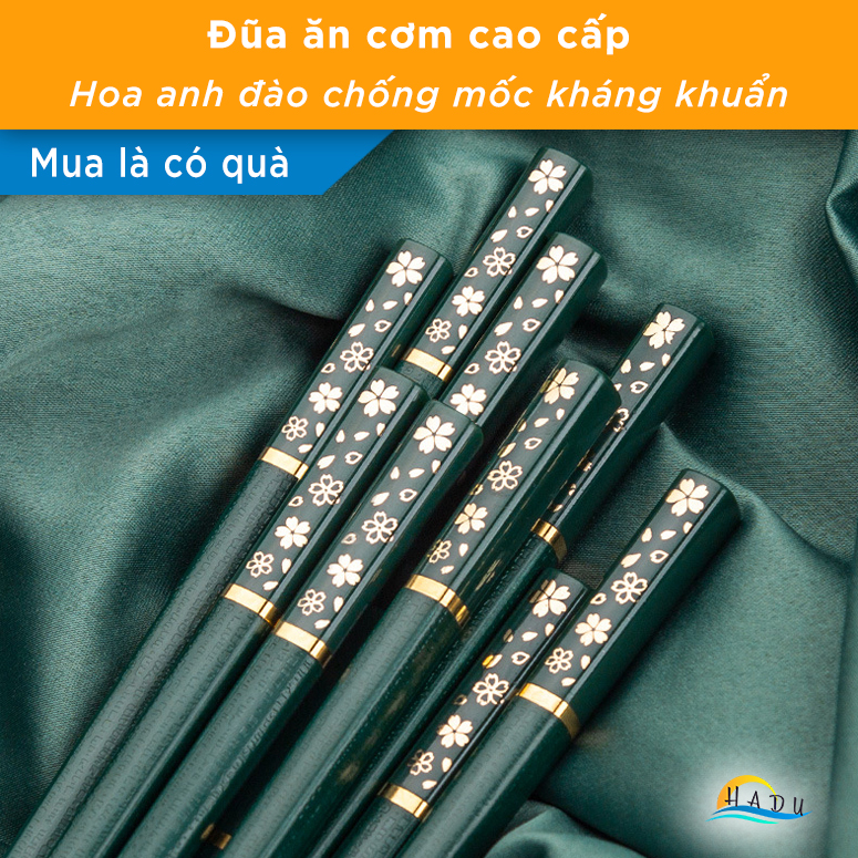 [5 Đôi] Đũa Ăn Cơm Sợi Thủy Tinh Cao Cấp Chống Mốc Kháng Khuẩn Hoa Anh Đào Chống Trượt HADU