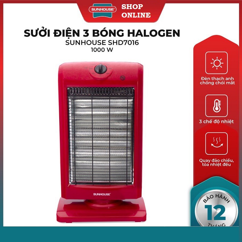 Đèn sưởi điện 3 bóng halogen SUNHOUSE SHD7016 - Sưởi điện 3 bóng Sunhouse - Máy sưởi điện công nghệ halogen - không gây khó thở, khô da - bảo hành 12 tháng