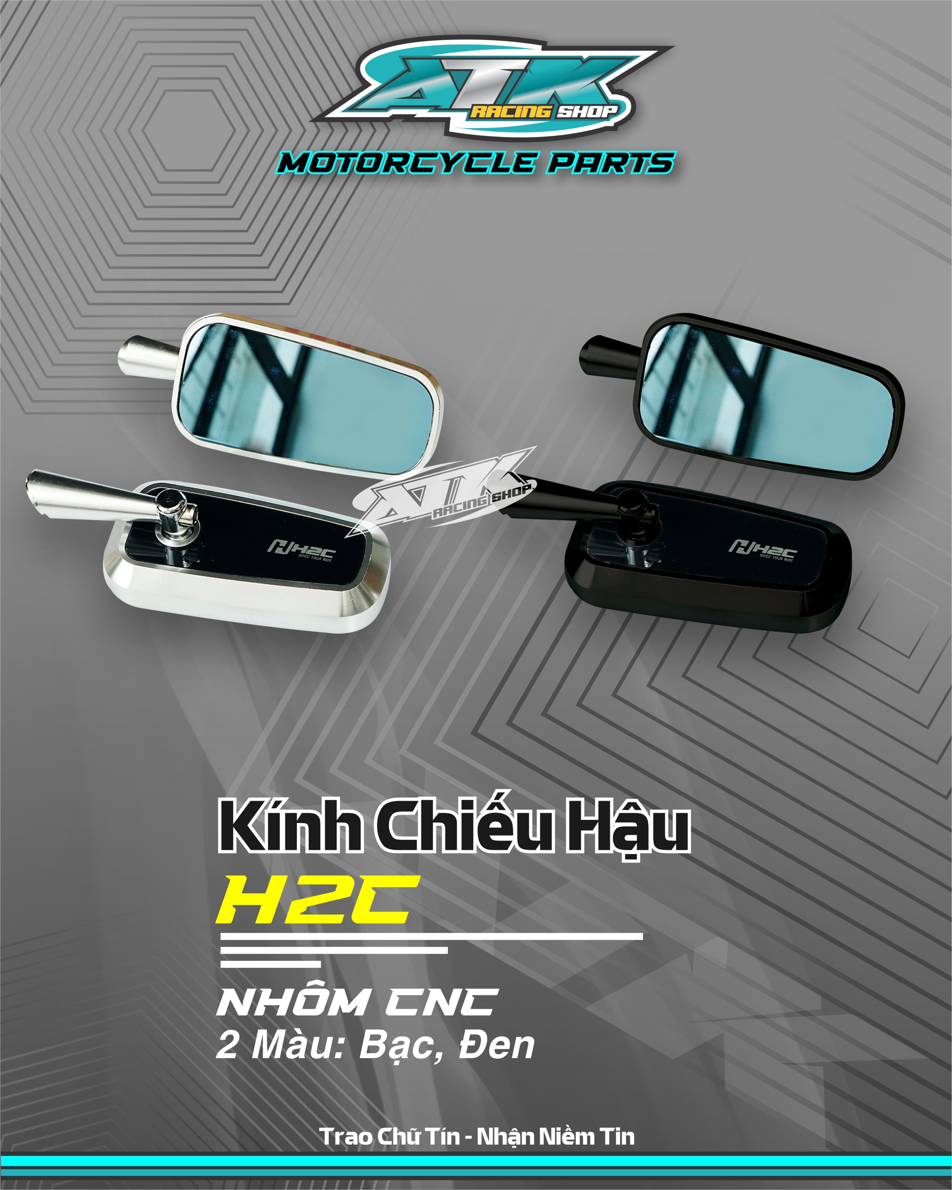 Kính gương H2C vuôn nhôm cnc chân siêu ngắn hàng chuẩn loại 1 dành cho tất cả các loại xe máy