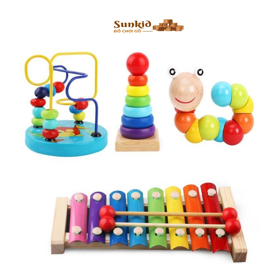 Combo đồ chơi gỗ- sâu- đàn-tháp-luồn hạt