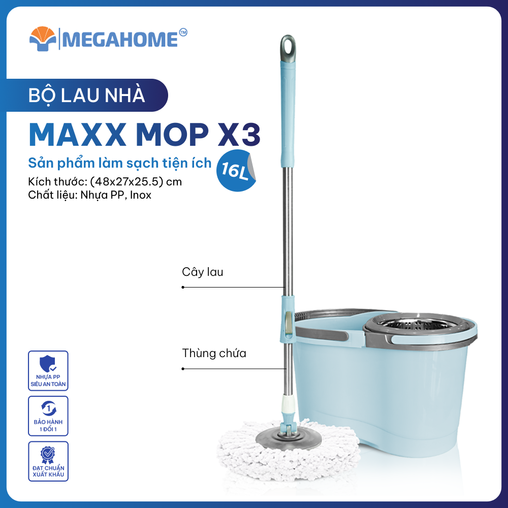 Bộ lau nhà maxx mop x3, dung tích 16l, lồng vắt inox, xoay 360 độ