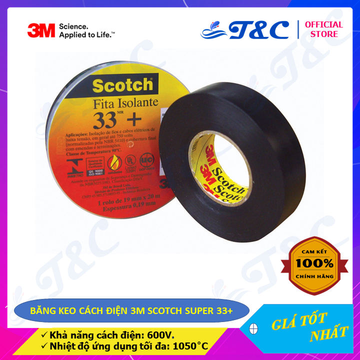 Băng keo cách điện 3M Scotch Super 33+ - Khả năng Chống cháy, chống tia UV, hạn chế mài mòn cao - đạt tiêu chuẩn RoHS