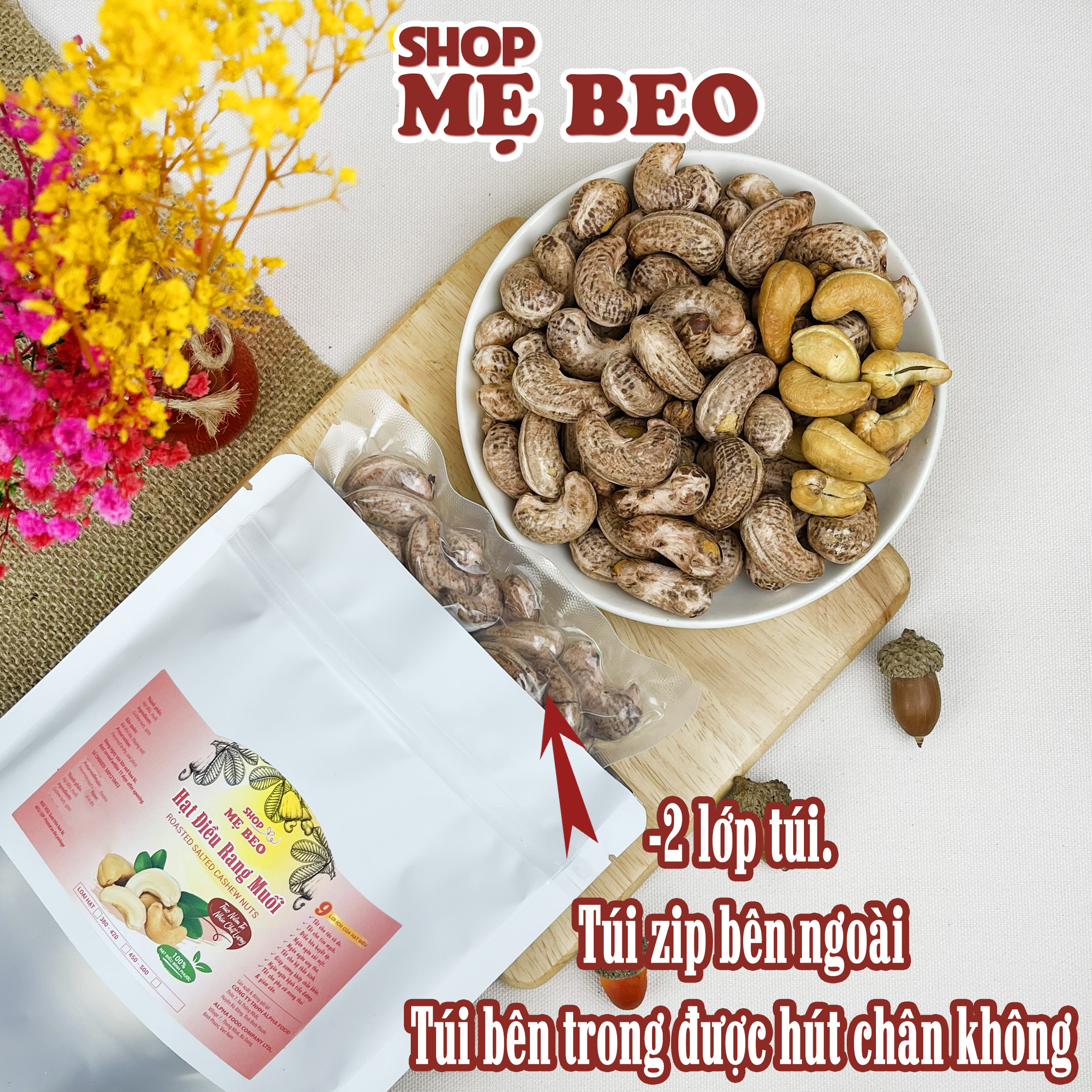 500gr hạt điều rang muối nguyên hạt túi zip hút chân không shop mẹ beo