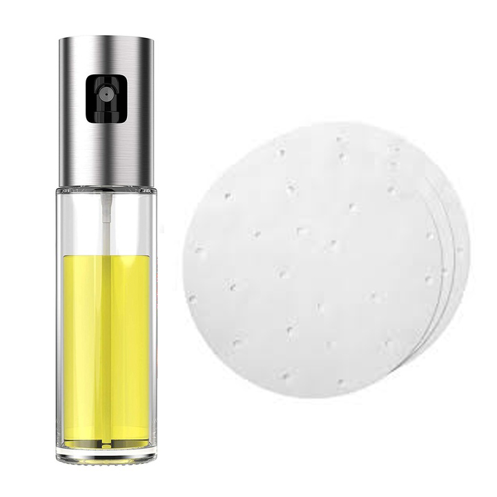 Combo bình thủy tinh xịt dầu ăn và 100 tờ giấy nến đục lỗ thấm dầu