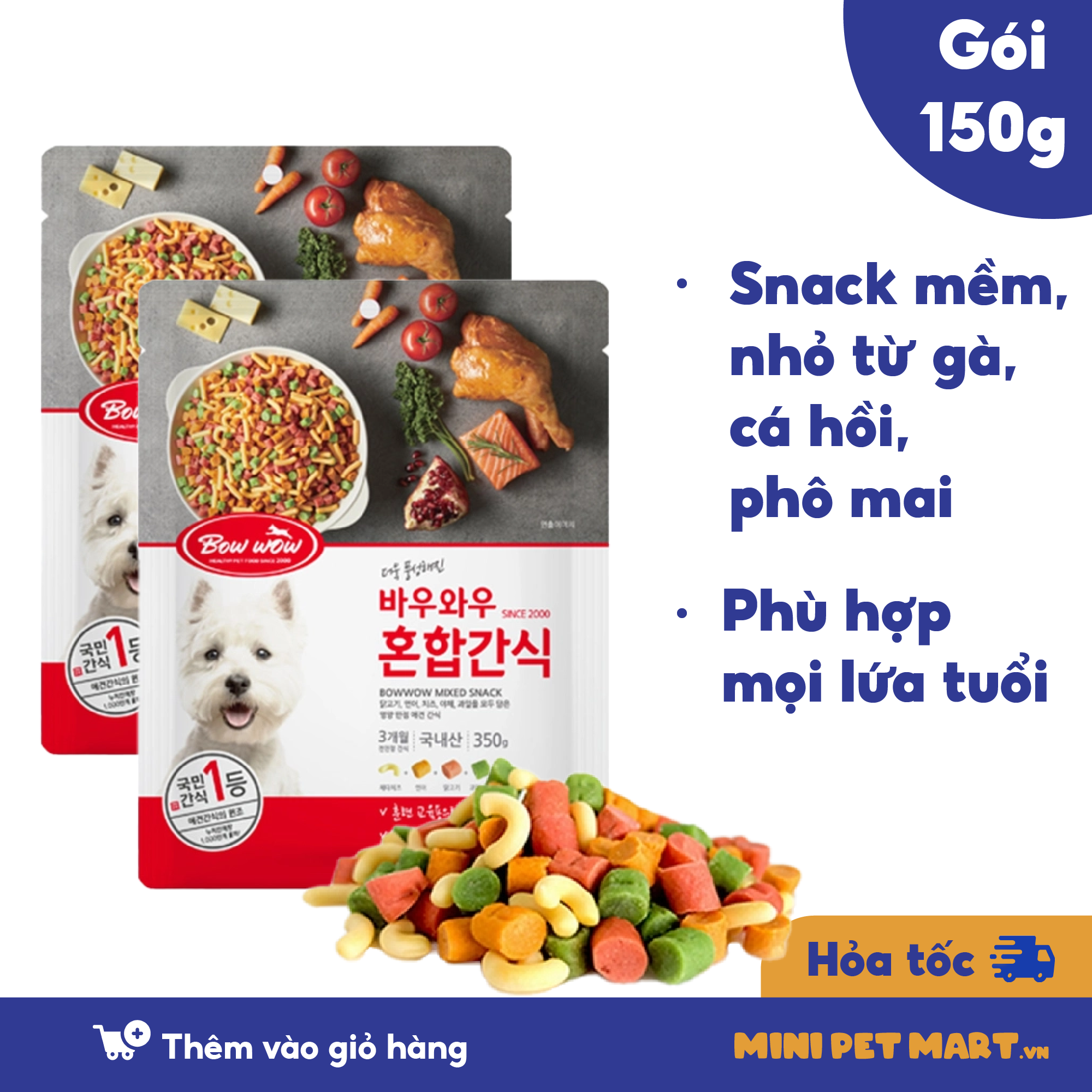 Snack hỗn hợp bowwow snack ăn vặt, bánh thưởng bổ sung dinh dưỡng thiết yếu cho chó mèo biếng ăn gói 150g - mini pet mart