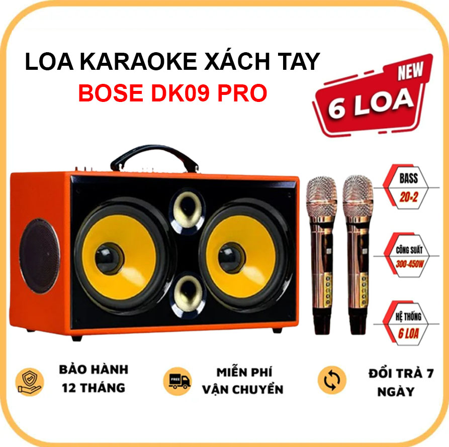 HÀNG MỸ | Loa Xách Tay Karaoke Bose DK09 Pro - Hệ Thống 6 Loa 2 Bass 20cm, 2 Trung, 2 Treble - Tặng Kèm 2 Micro Karaoke Chống Hú Hút Âm Cực Tốt - Loa Karaoke Bose Chính Hãng Bluetooth 5.0 Đa Dạng Cổng Kết Nối Âm Thanh Chắc Khỏe Sống Động