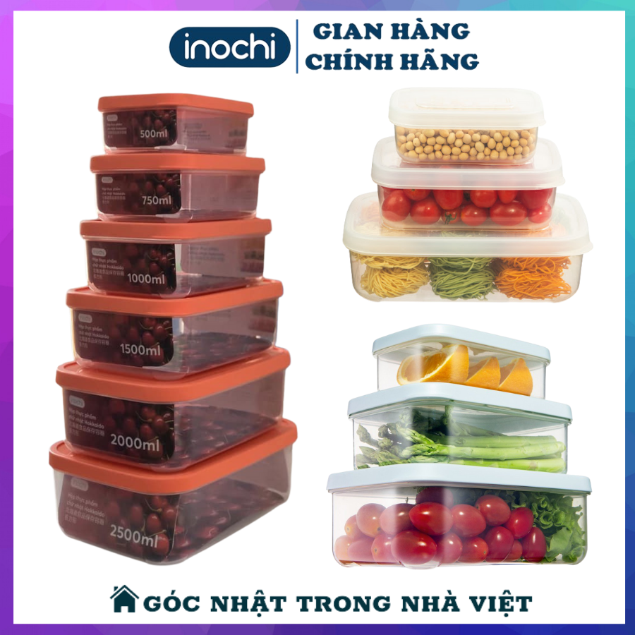 Set 6 Hộp Đựng Thực Phẩm Nhựa Inochi Chữ Nhật Bảo Quản Thức ăn An Toàn, Tiện Lợi