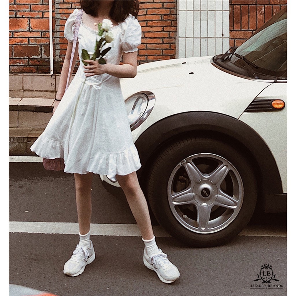 Váy đầm liền trắng tiểu thư đan dây tay bồng dáng suông dự prom kỉ yếu thời trang ulzzang hàn quốc hè 2020