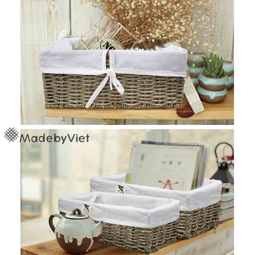 Giỏ đựng đồ bộ 2 MadebyViet {QÙA TẶNG 25K: 2 ống hút tre + cây cọ} chất liệu Cói tự nhiên, lót vải trên khung sắt  Sử dụng : Để đồ, hoa quả trong bếp, giá sách, để đựng khăn, bàn chải đánh răng, đồ may vá, hàng xuất khẩu