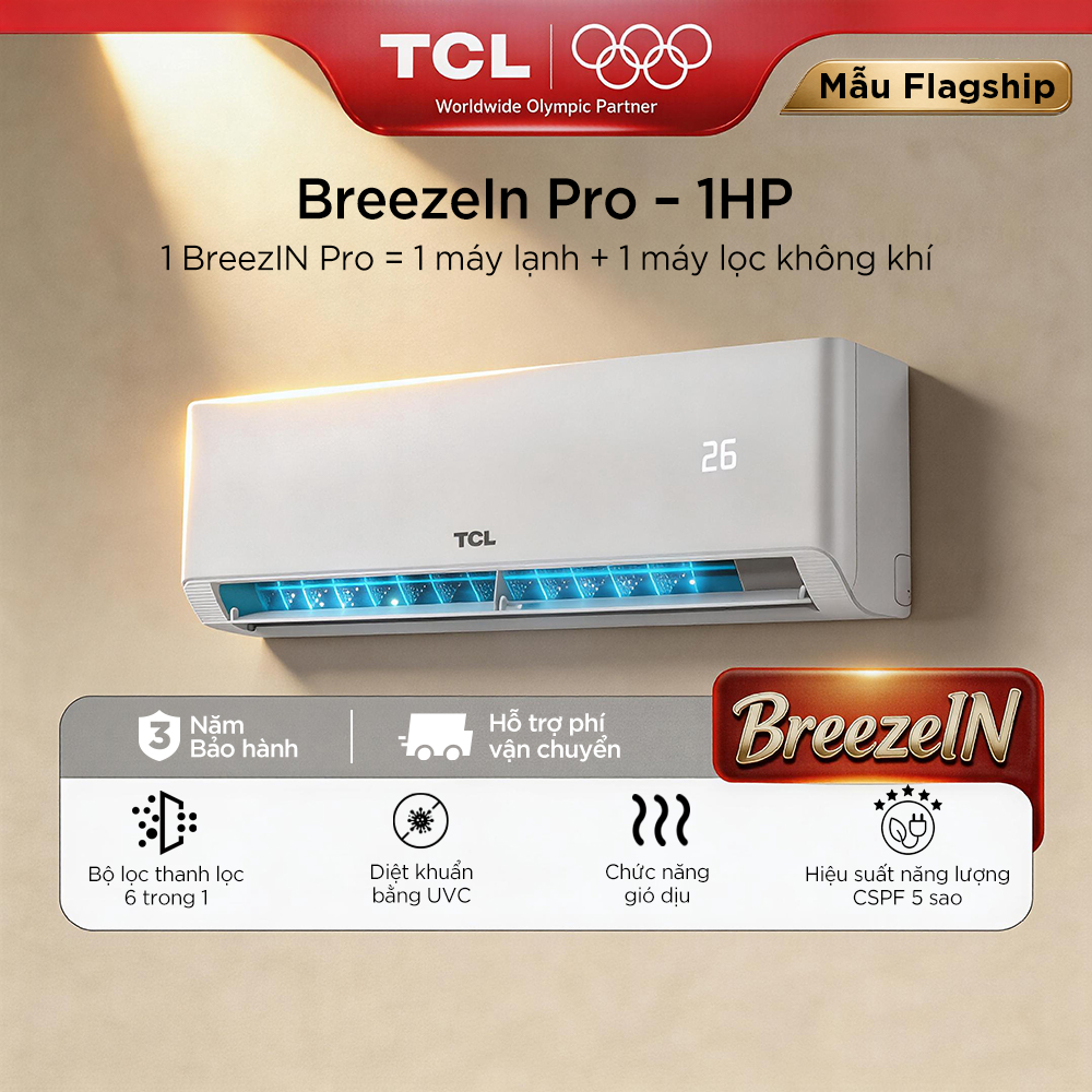 【Luồng Gió Dịu Êm 】TCL Máy lạnh 1HP Inverter, Màng lọc 6in1 ,Tiết Kiệm Điện, BreezIN PRO TBIP-10CSD/TPHI, Bảo Hành 12 Năm Máy Nén