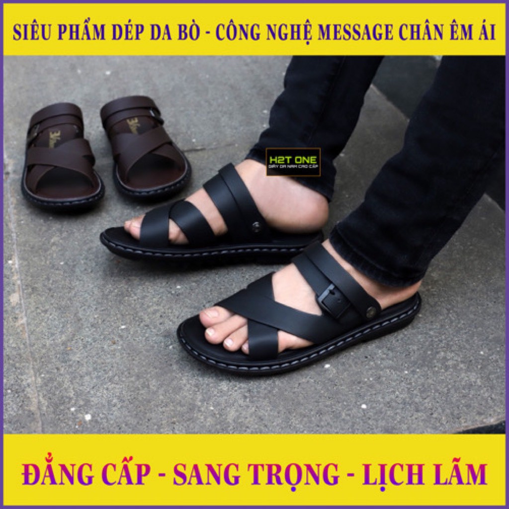 Dép da nam cao cấp - da bò mềm mại - đế massage chân cực êm ái HT586, phôm giày vừa vặn, tạo sự thoải mái khi mang, không gây cảm giác đau chân khi mang lâu
