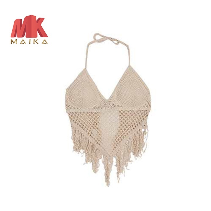 Áo Lưới Yếm Tua Rua Đi Biển MK MAIKA mẫu mới móc len MKF002 Kem