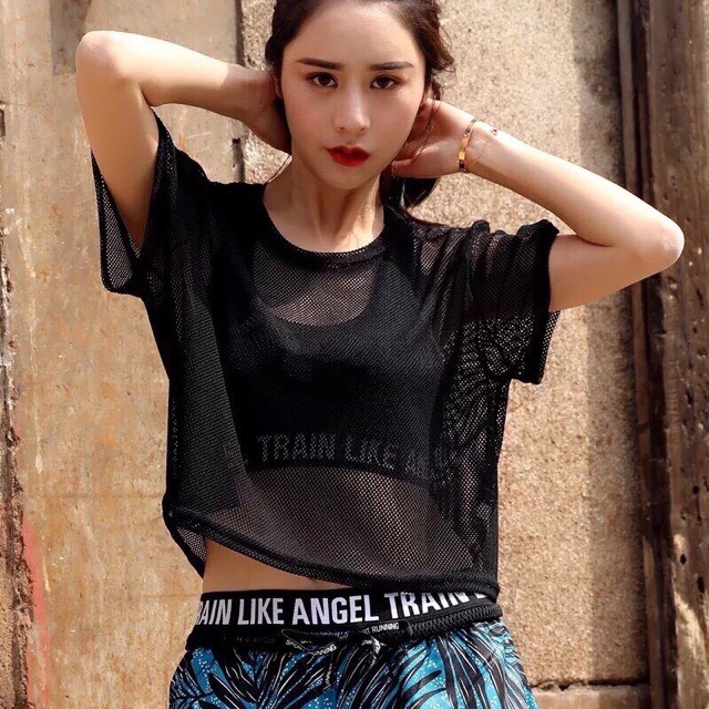 Áo lưới thể thao hai màu, áo lưới croptop tập gym yoga quàng châu - oa004