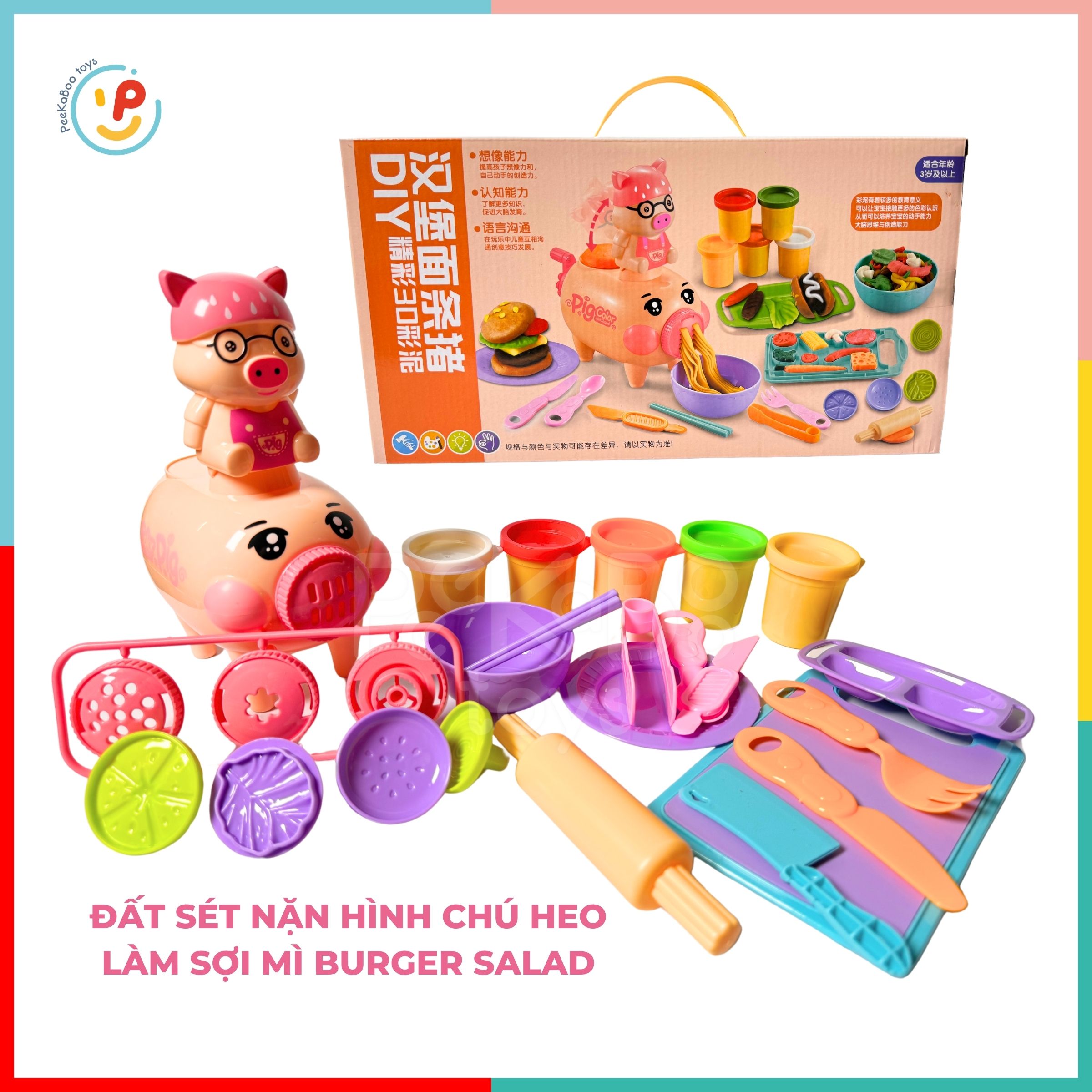 Đất sét nặn hình chú heo làm sợi mì burger salad 9915