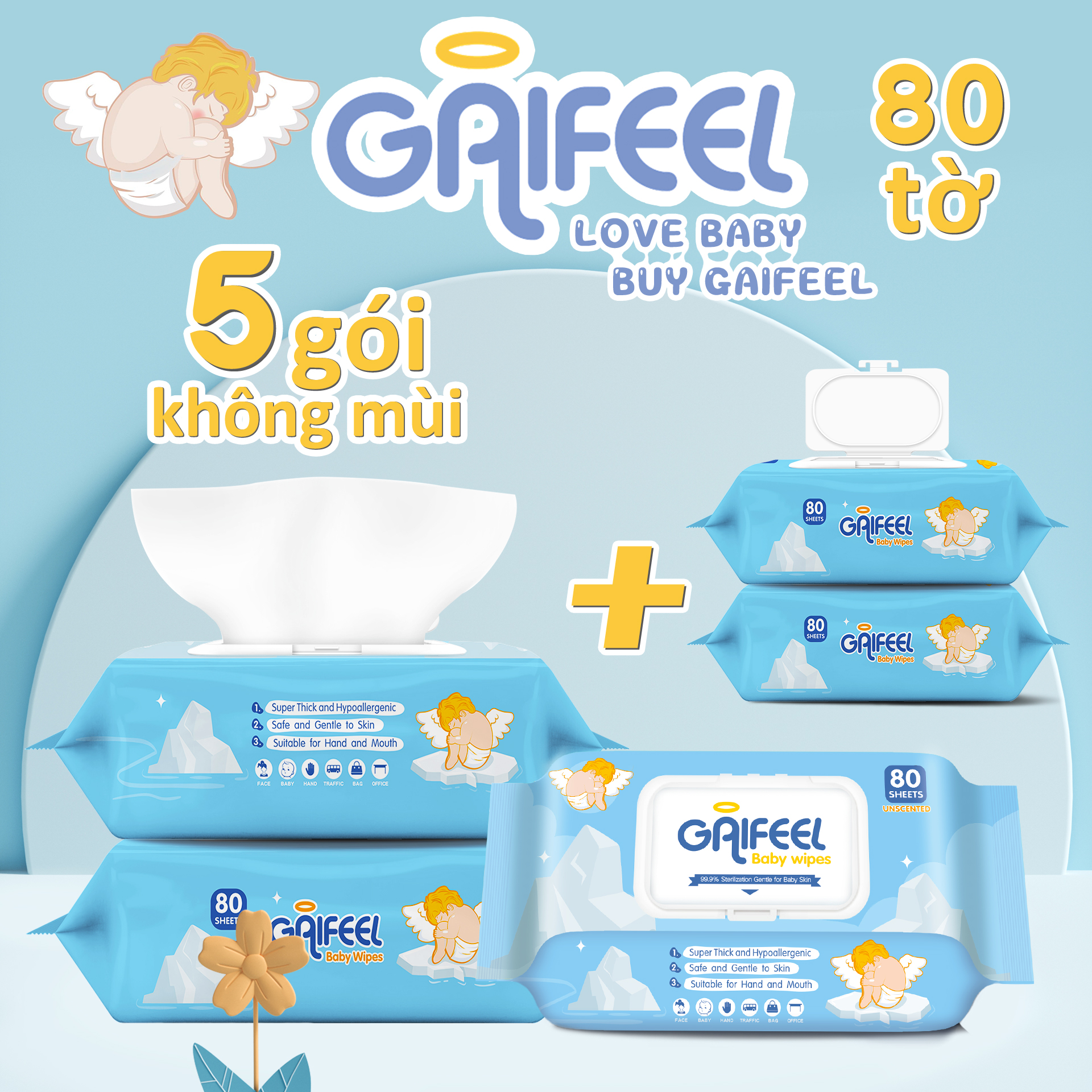 GAIFEEL Set 5 gói 80 khăn giấy ướt khăn ướt chuyên dùng cho bé Khăn lau mùi sữa