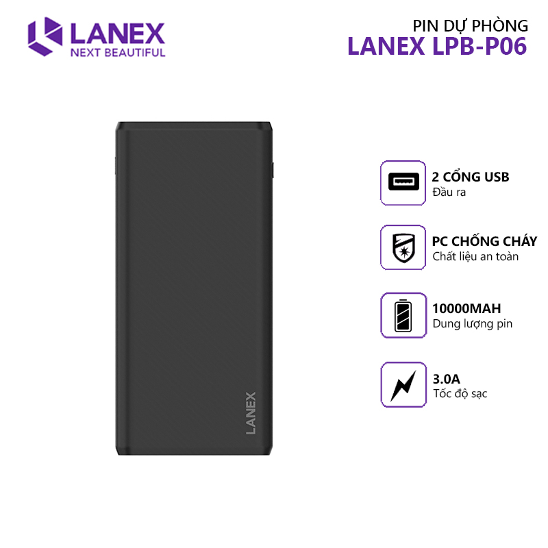 Pin dự phòng LANEX LPB - P06 10000mah, 3 cổng USB, đèn led, tương thích nhiều thiết bị