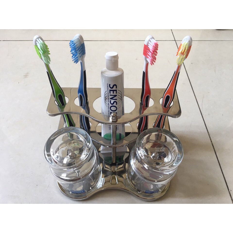Kệ để ly, bàn chải, kem đánh răng inox 304 - kệ nhà tắm inox 304 tặng kèm ly thái lan cao cấp