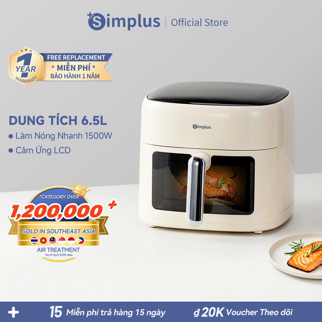Simplus Nồi chiên không dầu, dung tích lớn 6.5L, 1500W, cửa sổ trực quan, 10 menu cài sẵn, đa chức năng, sử dụng cho gia đình KQZG018- Bảo hành 1 năm 1 đổi 1