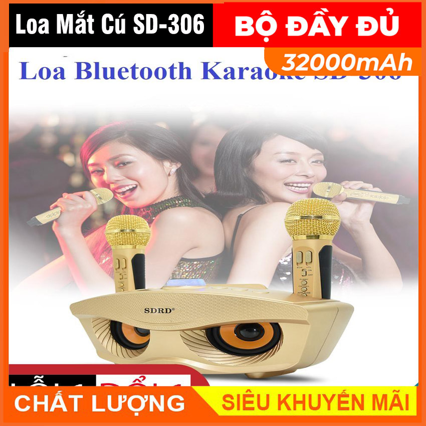 Loa karaoke bluetooth sd-306 plus hình cú, loa karaoke mini di động hát âm lớn,hát karaoke tuyệt hay tặng kèm 2 mic không dây