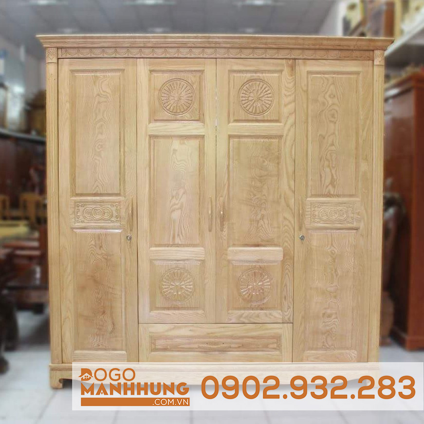 Tủ quần áo gỗ sồi 4 cánh, tủ quần áo nhiều ngăn