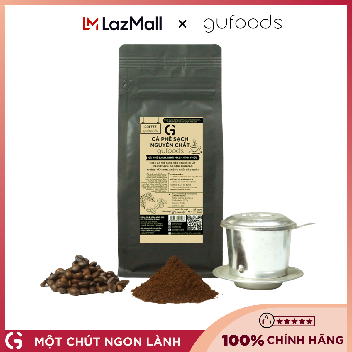 Cà phê sạch nguyên chất GUfoods (gói 500g) - 100% Robusta Đăk Lăk rang mộc - GU mạnh đỉnh cao. Khơi mạch tỉnh thức