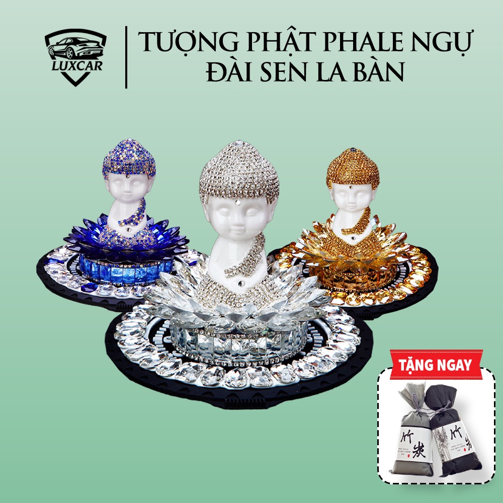 Tượng phật pha lê ngự đài sen kèm la bàn phong thủy trang trí taplo ô tô luxcar