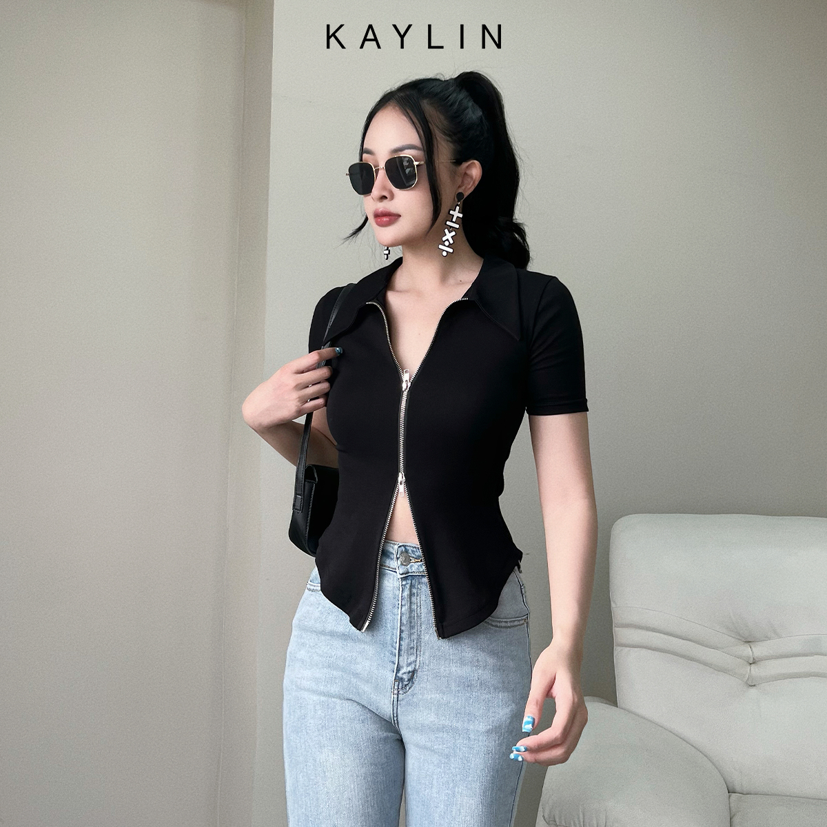 Áo thun croptop ôm có cổ và dây kéo 2 đầu kaylin - n1770