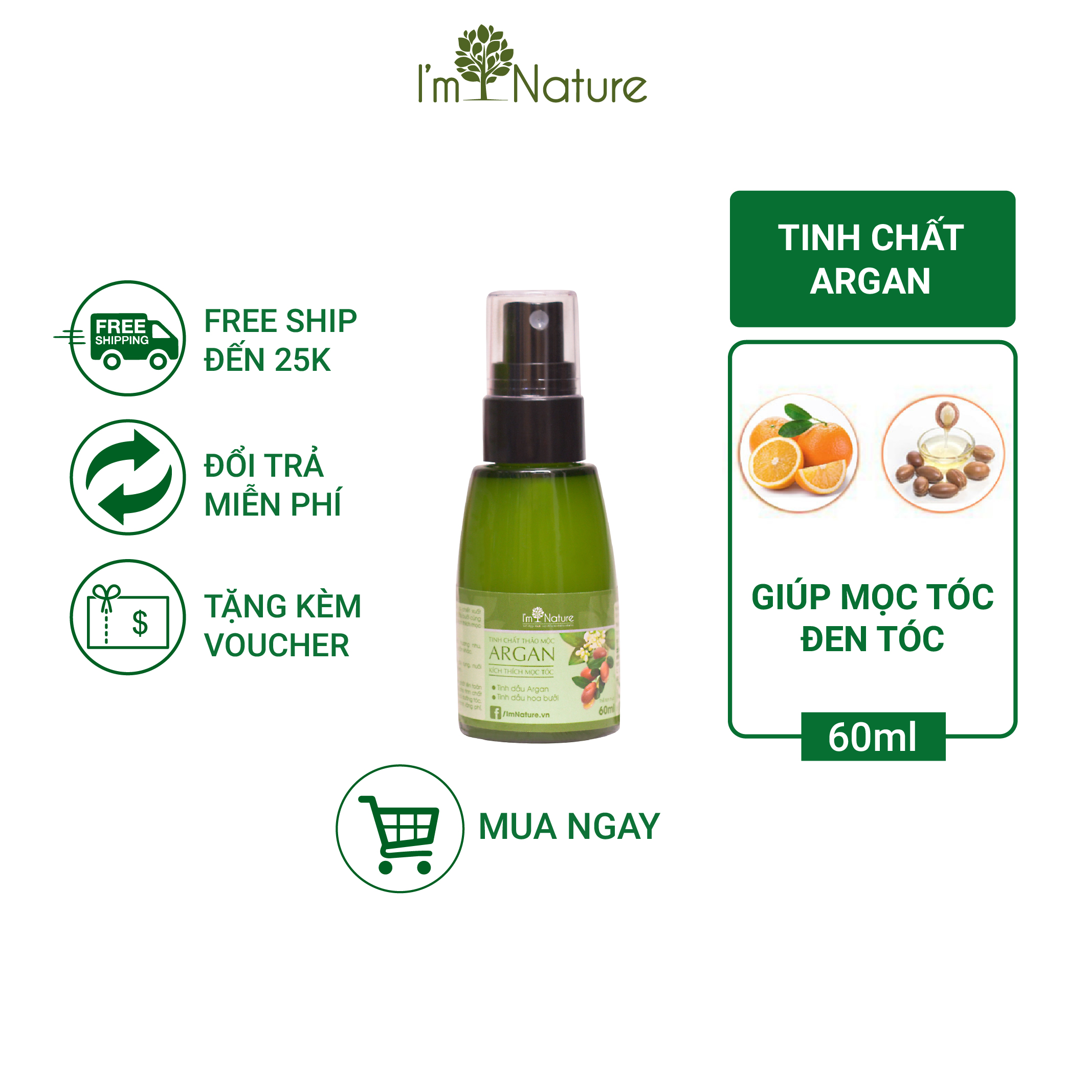 Tinh Chất Dưỡng Tóc Argan 60ml Giúp Mọc Tóc Đen Ngăn Rụng Tóc I'm Nature
