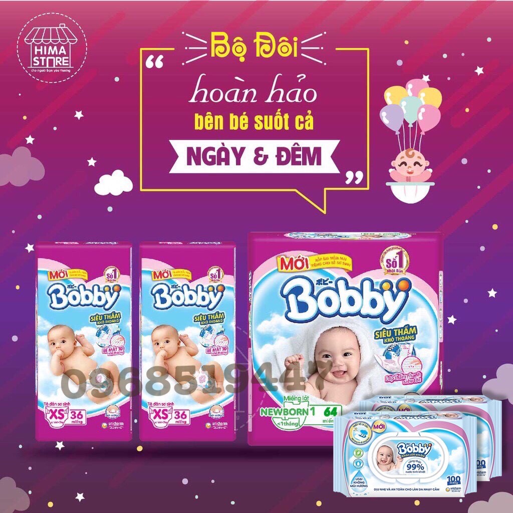 Combo tã bobby: miếng lót sơ sinh newborn nb1-64 miếng, 2 tã dán bobby size xs 36