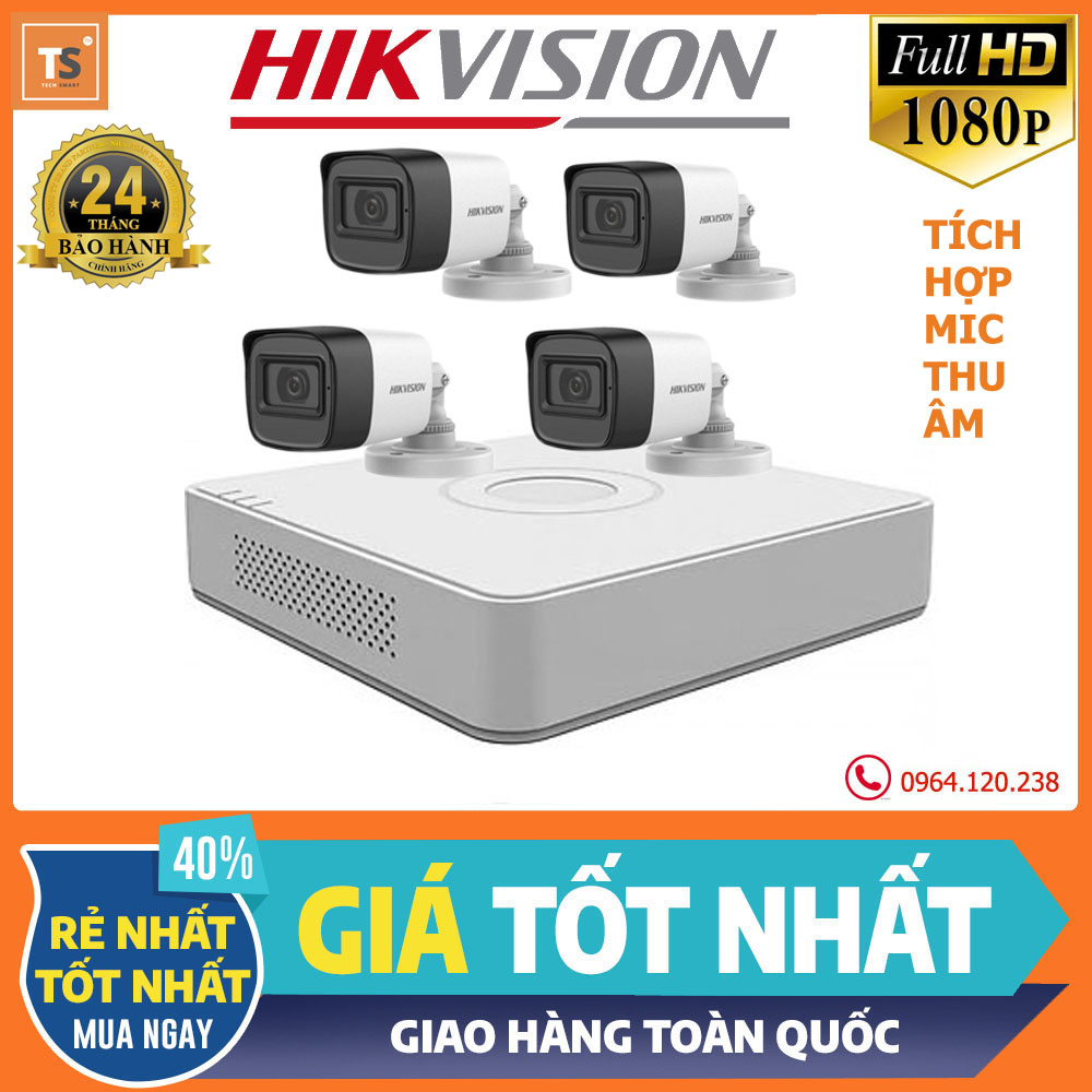 Bộ Camera Quan Sát Hikvision 4 Kênh Full HD 1080P Tích Hợp Mic Thu Âm - Trọn Bộ 4 Camera An Ninh Hikvision Đầy Đủ Phụ Kiện Lắp Đặt