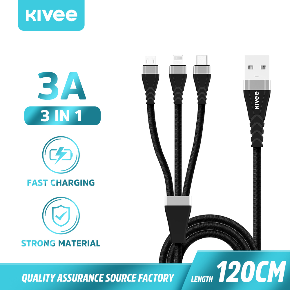 KIVEE Cáp sạc nhanh 3 IN 1 Cáp sạc Lightning+Cáp sạc Micro USB+Cáp sạc Type-C cho iPhone 7/8/X Plus Xiaomi Samsung Android(CH063)
