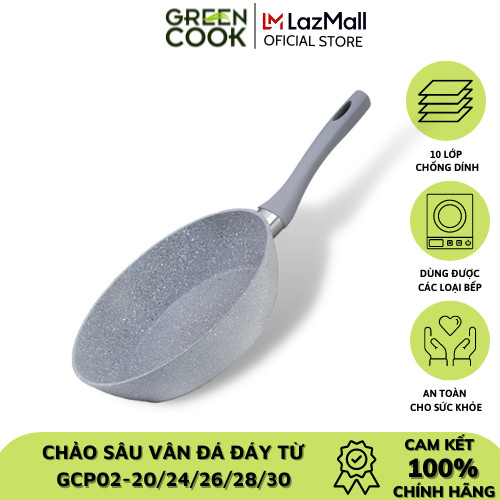 Chảo đáy từ vân đá chống dính GREEN COOK 24 -26 - 28 cm tay cầm chịu nhiệt - Hàng chính hãng greencook