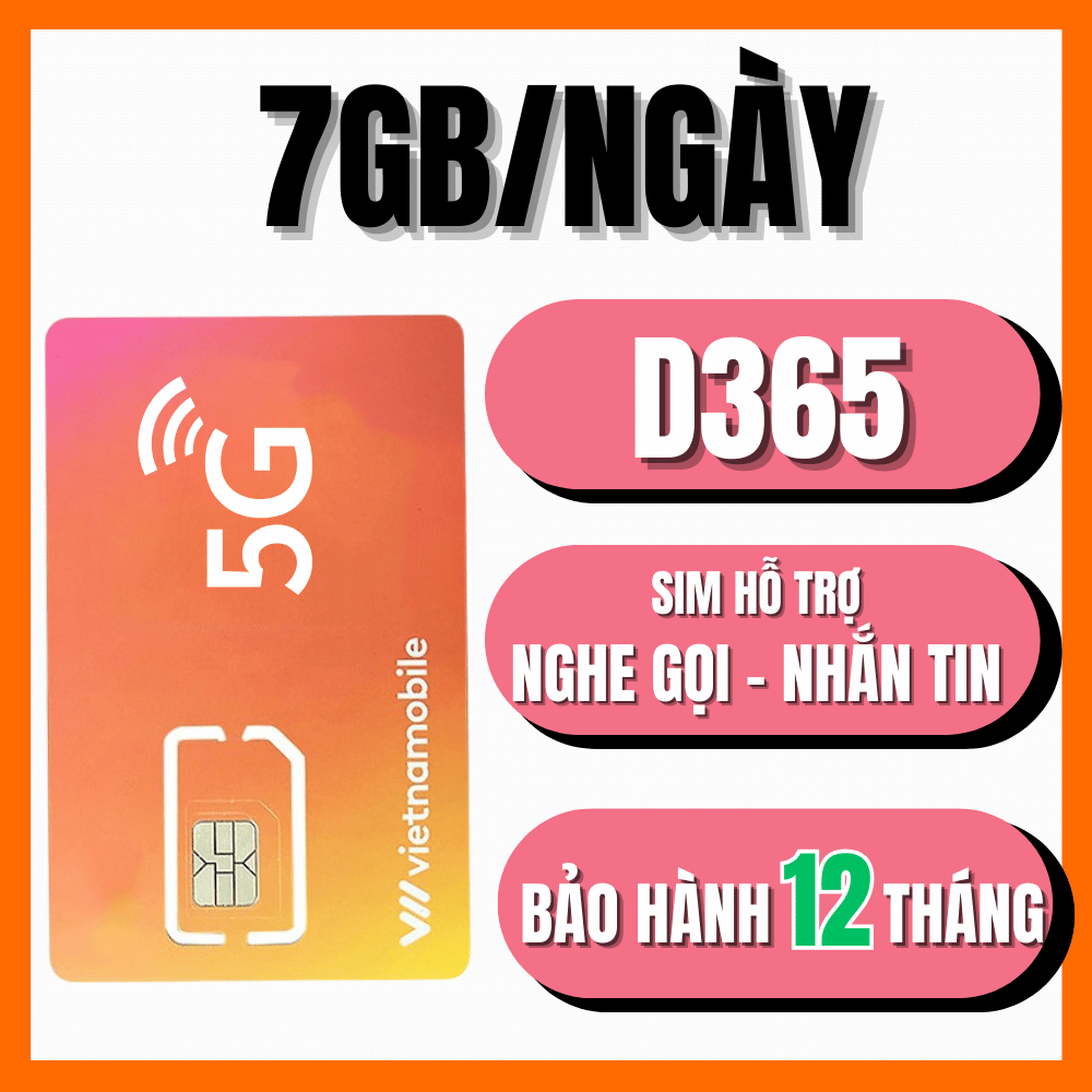 Sim 4G Vietnamobile D365 – Internet Trọn Gói 1 Năm, Không nạp Tiền  - Data Tốc Độ Cao 7GB/Ngày ( 210GB/tháng ) - FREESHIP - CHƯA KÍCH HOẠT