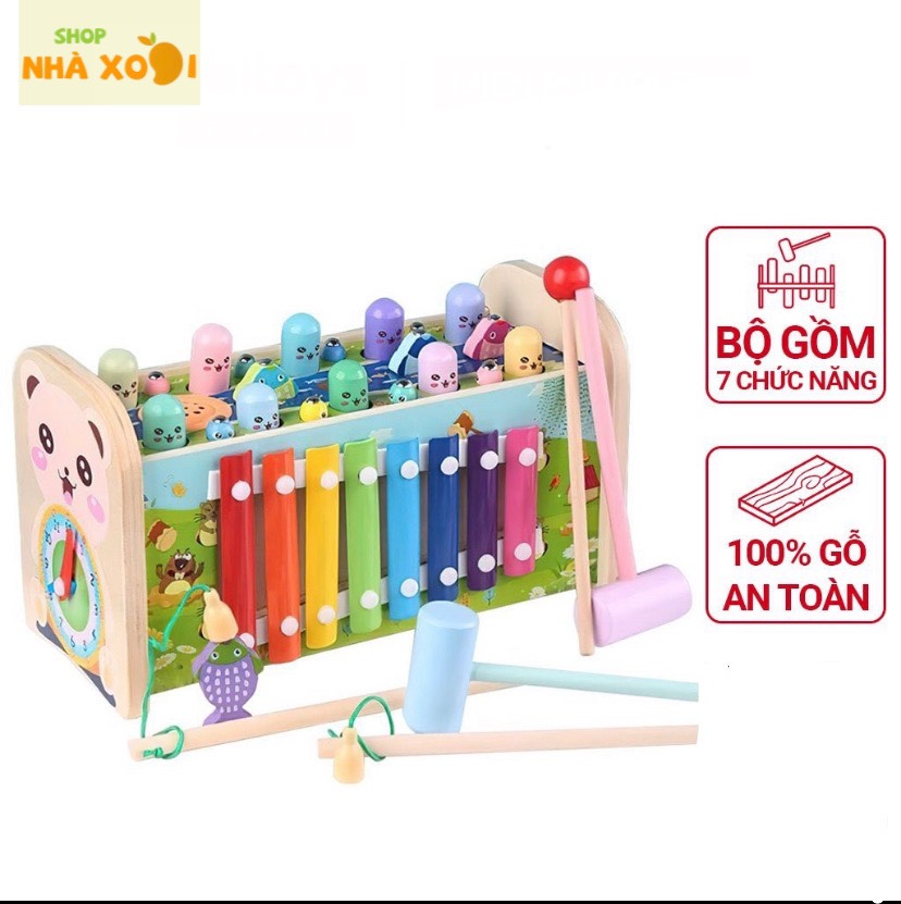 Bộ đồ chơi gỗ đập chuột có đàn cho bé, bằng gỗ đa chức năng 4in1 mẫu mới nhất siêu đẹp, shop nhà xoài