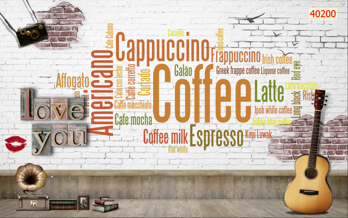 Tranh dán tường 3d trang trí quán cafe atk7
