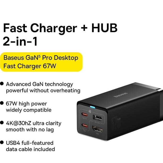 Bộ sạc nhanh baseus gan5 pro desktop fast charger, kiêm hub mở rộng màn hình 1u+2c+hdmi công suất 67w