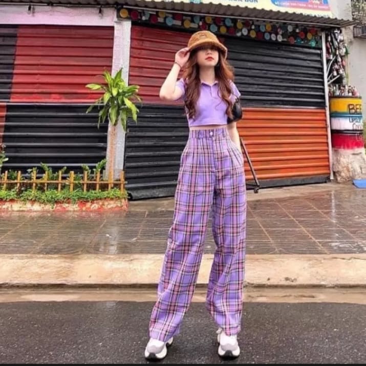 Quần baggy vải kẻ caro ống rộng lưng cao dáng dài thời trang Ulzaang-quần tây suông phối khóa kéo trước cạp cao thời trang Hàn Quốc-quần kẻ caro tím-quần dài nữ-quần vải nữ- quần baggy nữ-quần dáng dài thời trang nữ.METSHOP