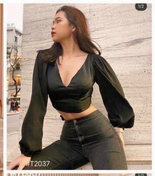 Áo Voan Croptop Cổ Xẻ Sâu Tay Phồng Lưng Khoét Rộng Nơ Lưng Sang Chảnh TTKXA0176