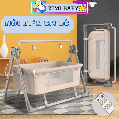 Nôi điện cho bé kèm màn và thanh treo đồ chơi với 5 chế độ đưa, có phát nhạc và hẹn giờ, Nôi ru ngủ cho bé kết nối bluetooth thông minh-KIMIBABY