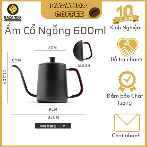 Ấm cổ ngỗng rót nước pha cà phê inox 304 đen 600ml bọc cách nhiệt